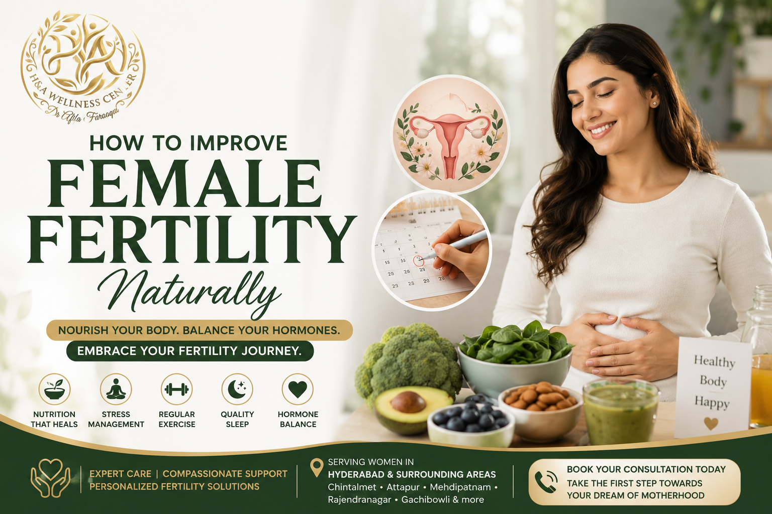 How to improve female fertility naturally through healthy nutrition, lifestyle changes, ovulation tracking, and expert fertility care at HA Wellness Hyderabad.