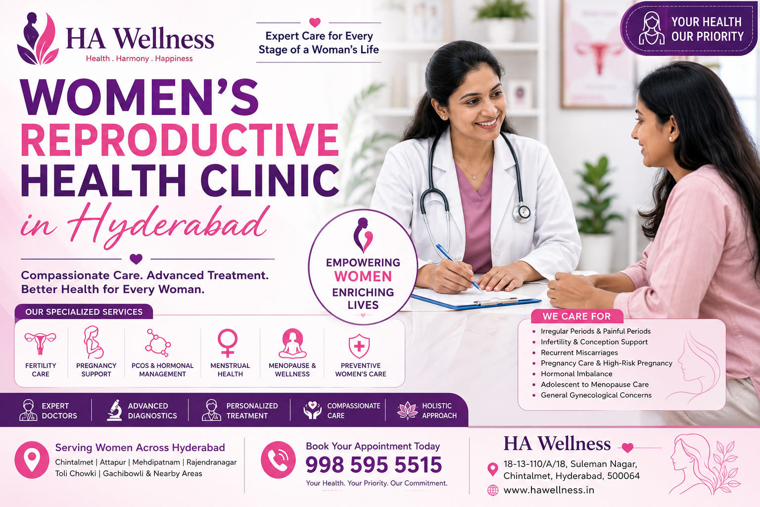 Women's reproductive health clinic in Hyderabad providing fertility care, pregnancy support, PCOS treatment, and comprehensive gynecological services at HA Wellness.