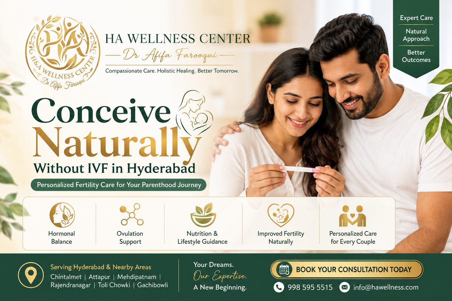 Couple receiving expert fertility consultation to conceive naturally without IVF in Hyderabad at HA Wellness through personalized fertility treatment, ovulation monitoring, and hormonal balance care.